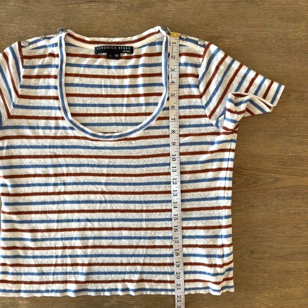 Veronica Beard Benji Striped 100% Linen Short Sleeve T-Shirt-Rust & Blue-Sz M - Picture 9 of 13